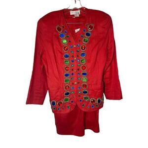 DaVinci Red Jeweled Jacket / Skirt Set Linen Red Size 6